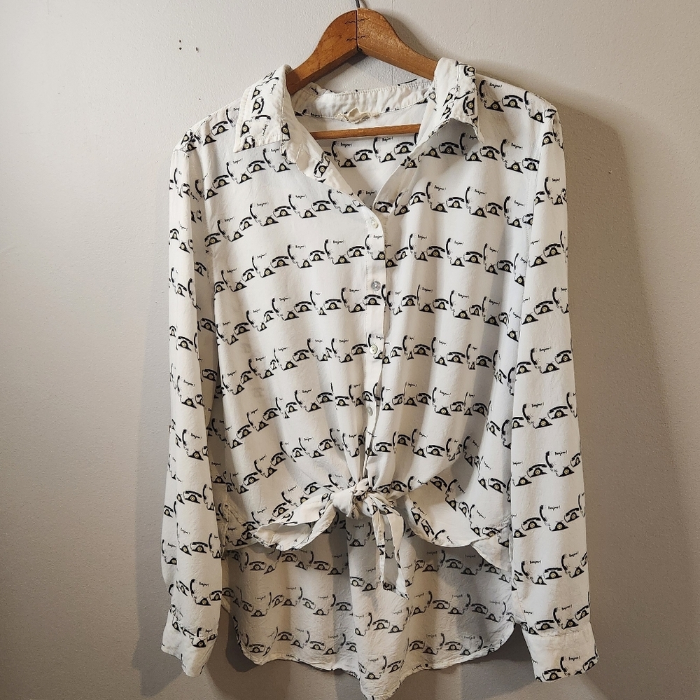 Jane and Delancey Telephone Print Button-Up Shirt | Size XL | White Front Tie